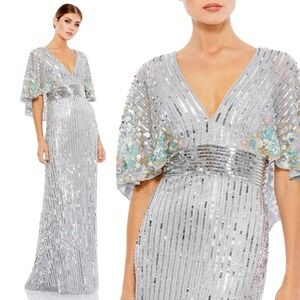 Mac Duggal NEW Sequined V-neck Floral Embellished Cape Sleeve Gown $598 Size 16‎